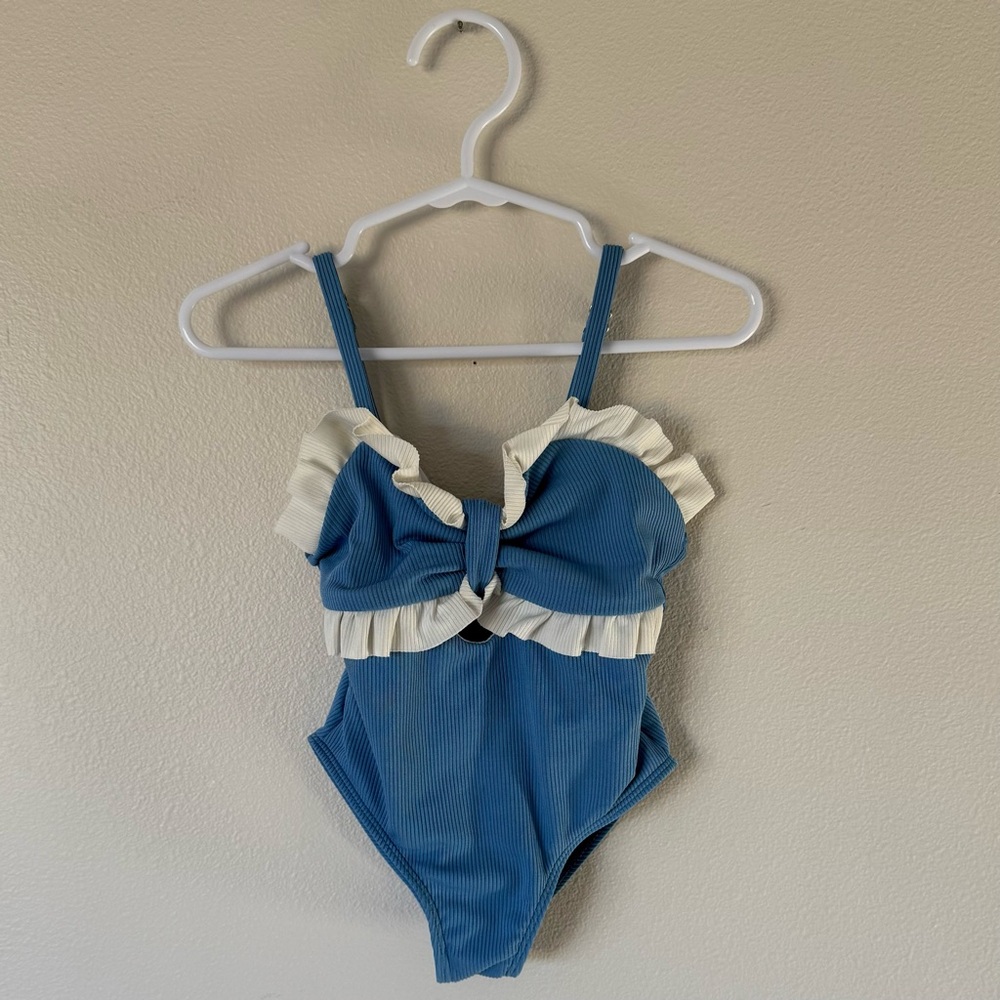 Blue and White Ruffle Swimsuit